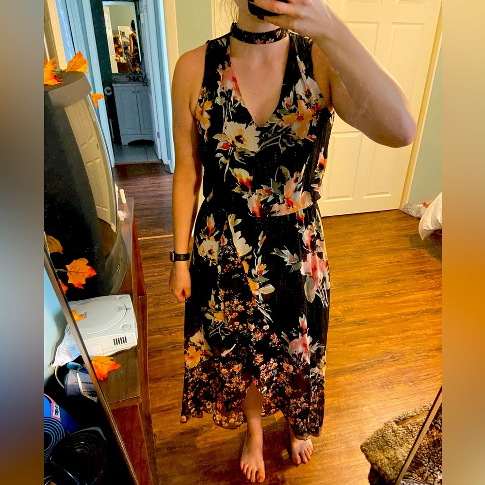 Black and floral high low dress